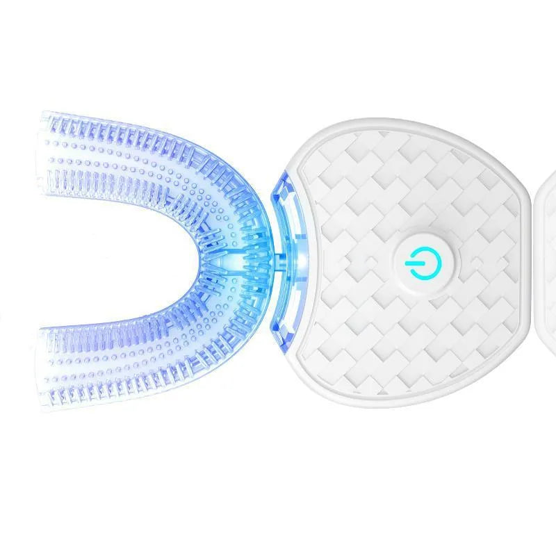 360 degree U-shaped electric toothbrush with blue light, food grade silicone bristles, and USB charging cable