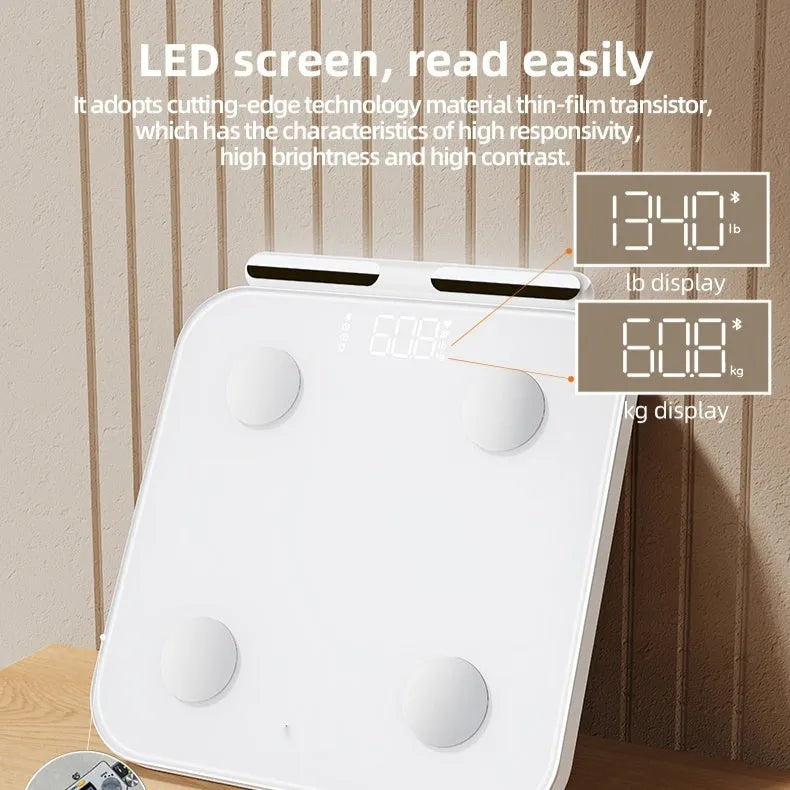 White professional body fat scale with eight electrodes and a large tempered glass platform.