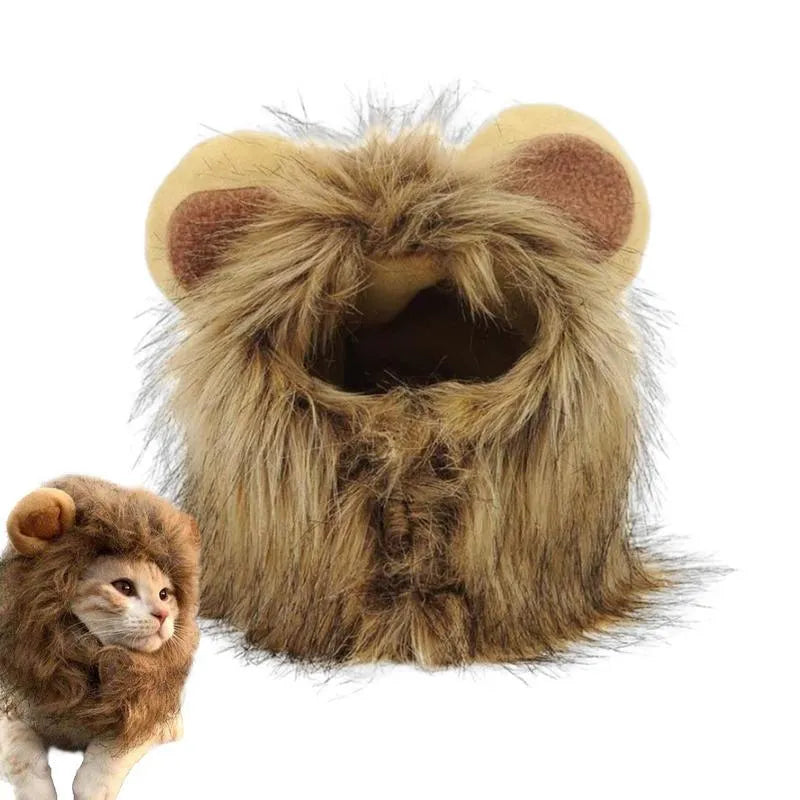 Lion mane wig costume accessory for cats and small dogs with artificial hair and adjustable elastic band