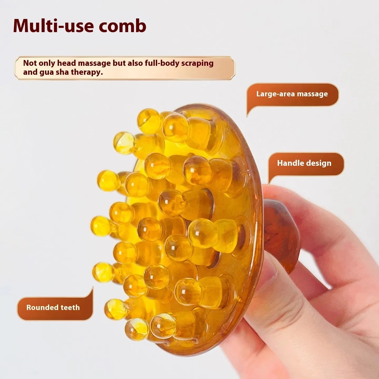 Brown and yellow disc-shaped massage comb with 21 teeth for scalp and meridian stimulation