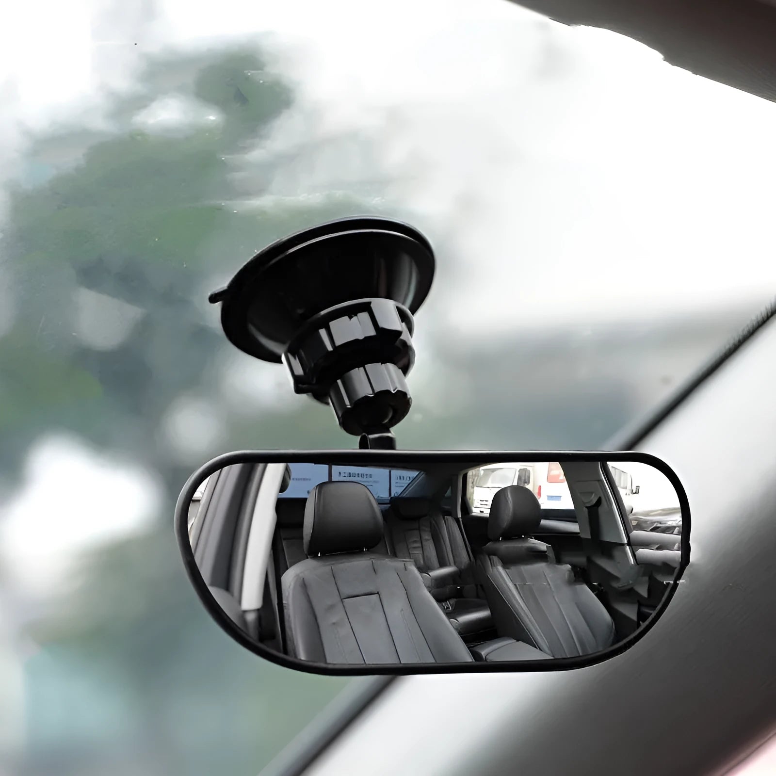 Black 360-degree rotation car rearview mirror with ABS shell showing adjustable positioning