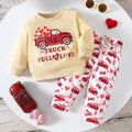 Long sleeve truck letter heart print sweatshirt and sweatpants two-piece set for babies and toddlers, cotton blend, pullover style