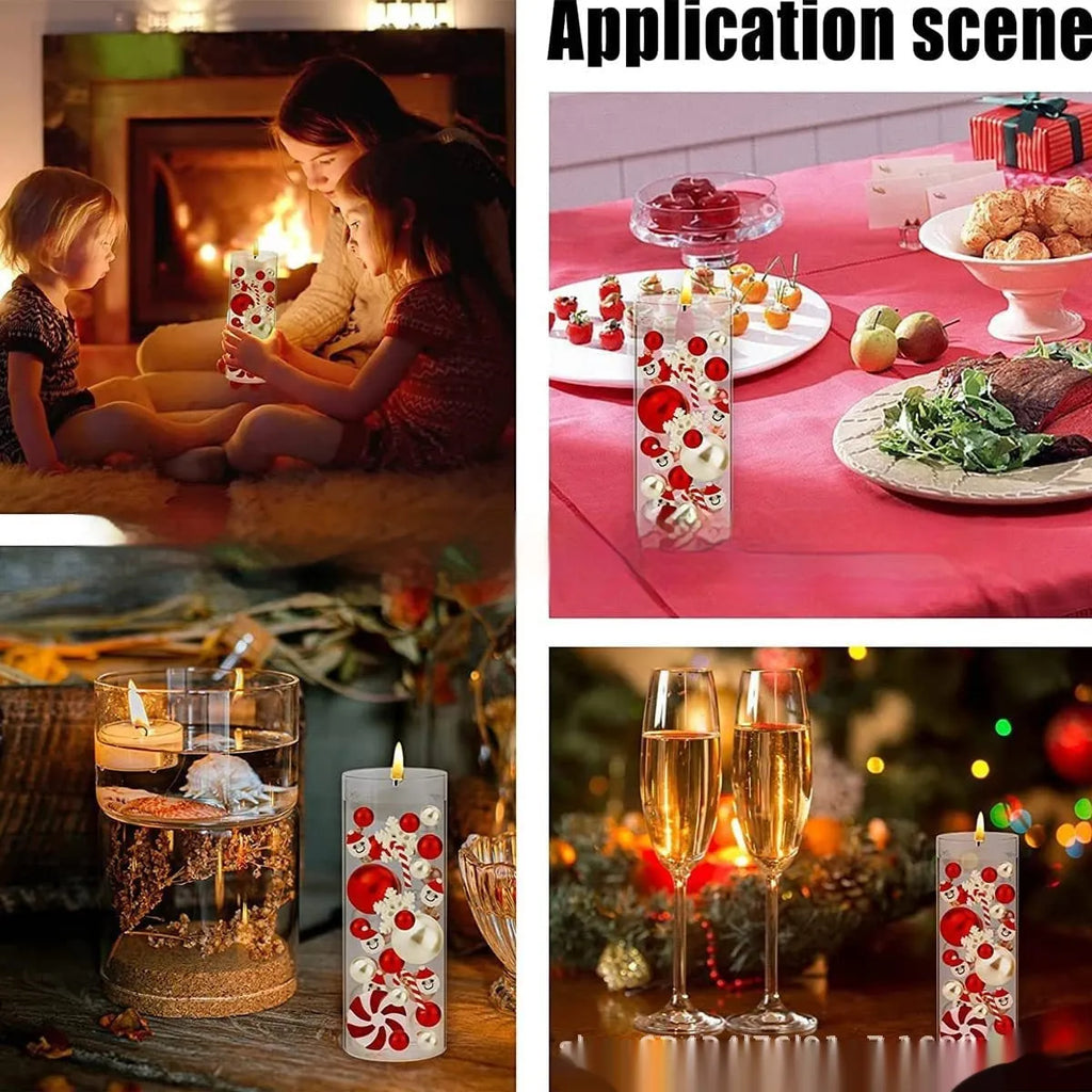 Two red floating stuffed vase Christmas decorations in cup shape on a wooden table