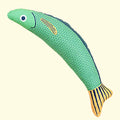 Green saury fish shaped cat toy with plush material and organic catnip filling