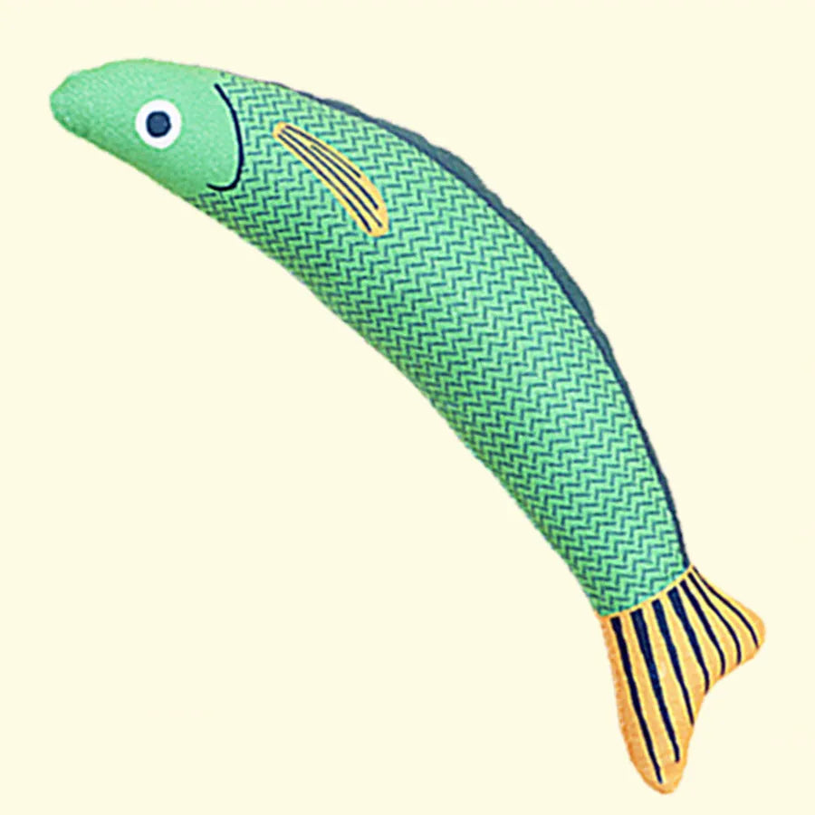 Green saury fish shaped cat toy with plush material and organic catnip filling