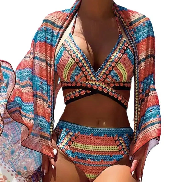Women's retro ethnic style bikini with split cross strap design in polyester fabric