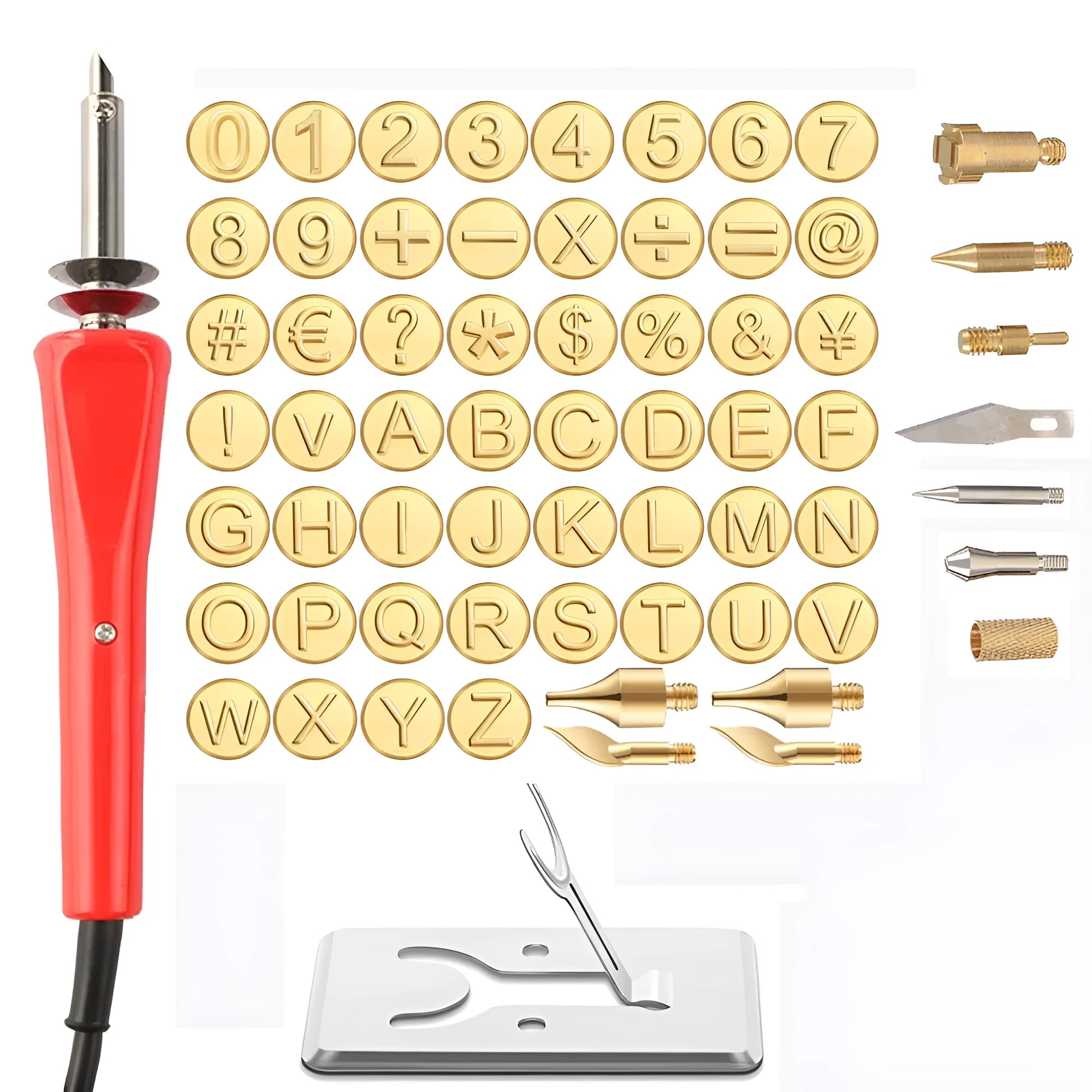 65-piece carving soldering iron kit with 30W heating core, rubber handle, letter and number stamps, and seven carving heads