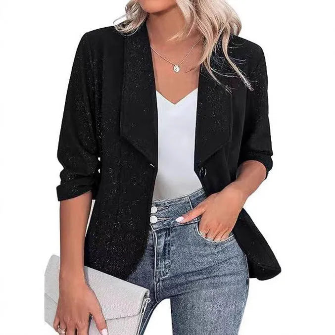 Slim-fit polyester cardigan suit jacket in black, white and wine red colours with regular long sleeves