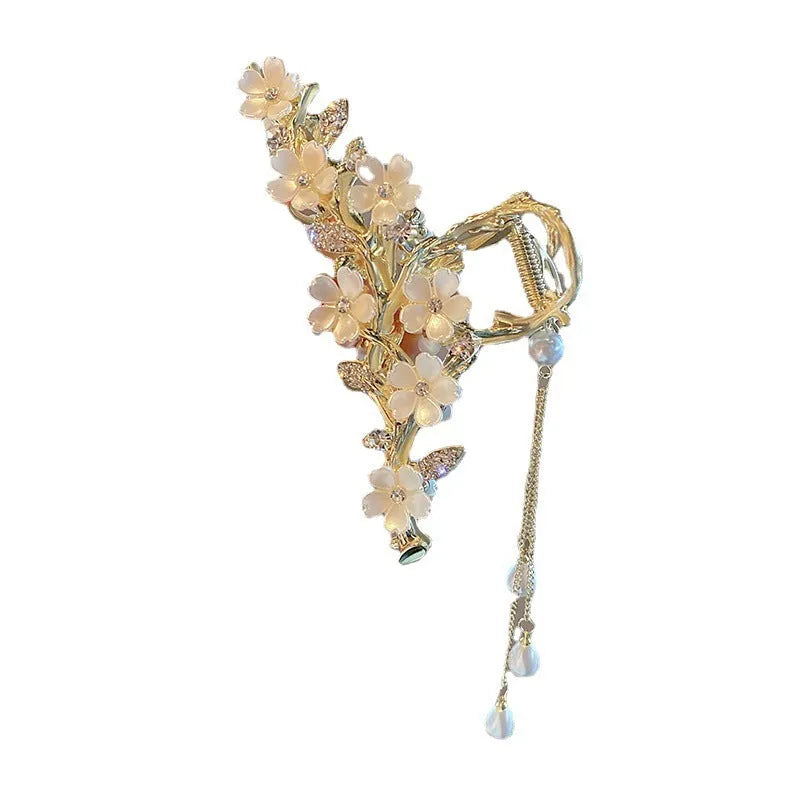 Large metal hair clip with pearl and diamond inlay, bell orchid tassel pendant, approximately 11.5cm length