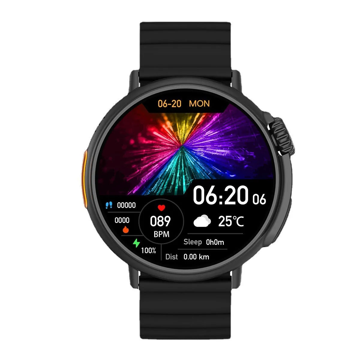 Black smart watch with round dial, 1.6-inch AMOLED screen, and silicone strap on wrist