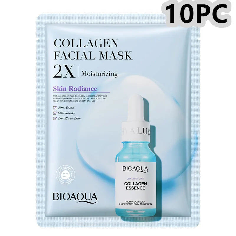 Single 30g collagen and hyaluronic acid facial sheet mask on packaging, with Centella, Vitamin C, Collagen variant options.