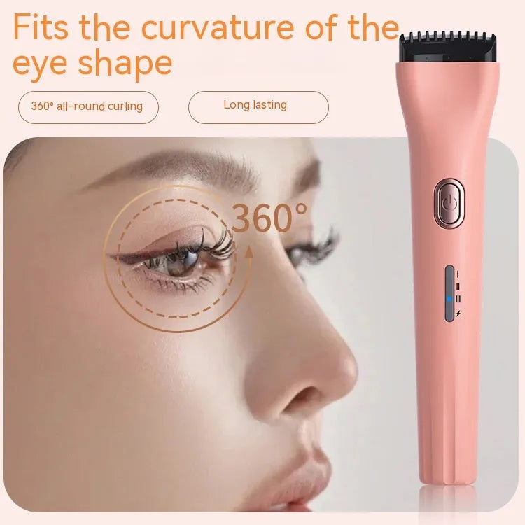 Electric eyelash curler with temperature control and memory function, shown in pink or white, portable lash rolling tool.