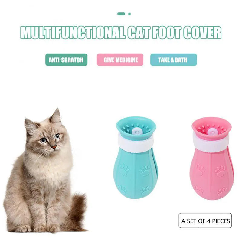 Set of four adjustable cat foot claw covers in light blue, light green, and pink, made from TPE with drainage holes and Velcro straps.