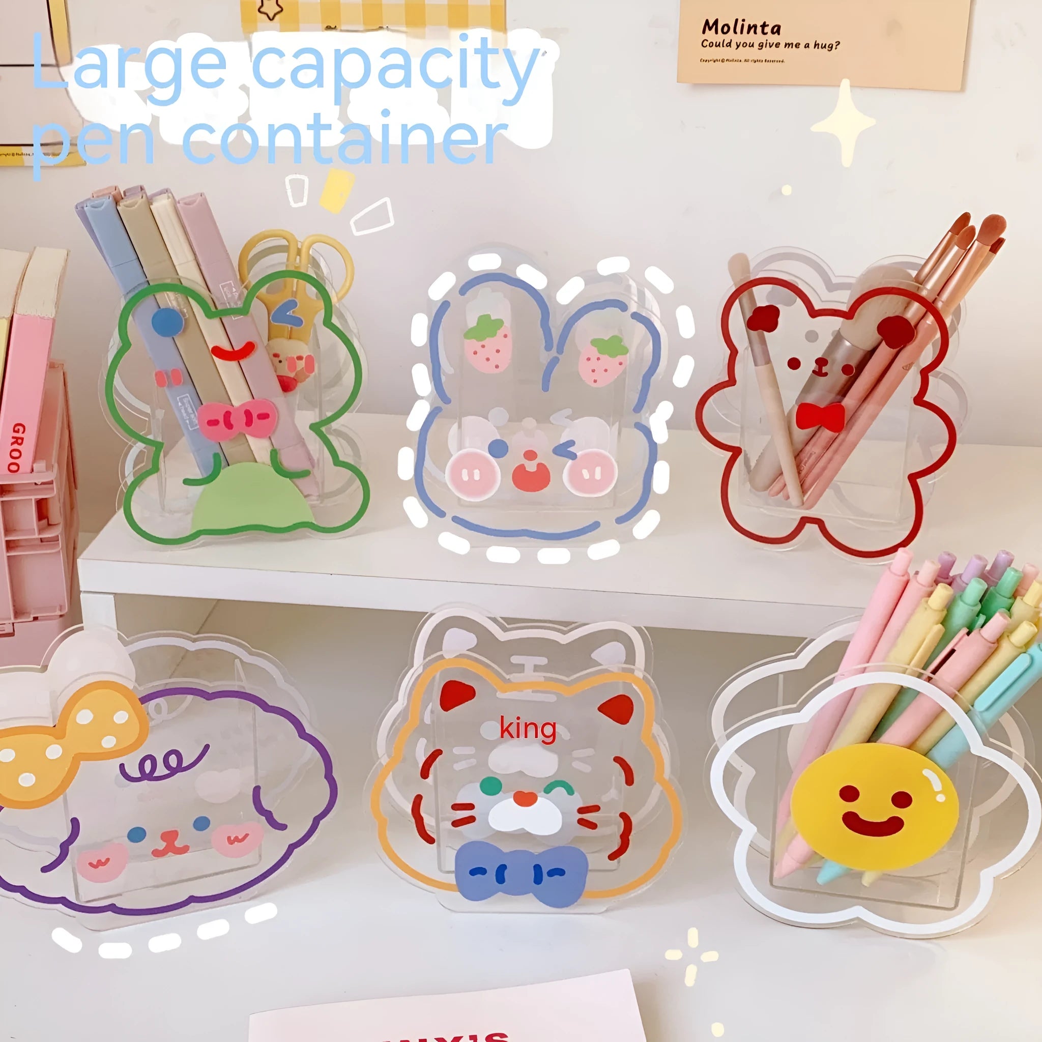 Square transparent acrylic storage box with cute decorative patterns for organising stationery and desk accessories