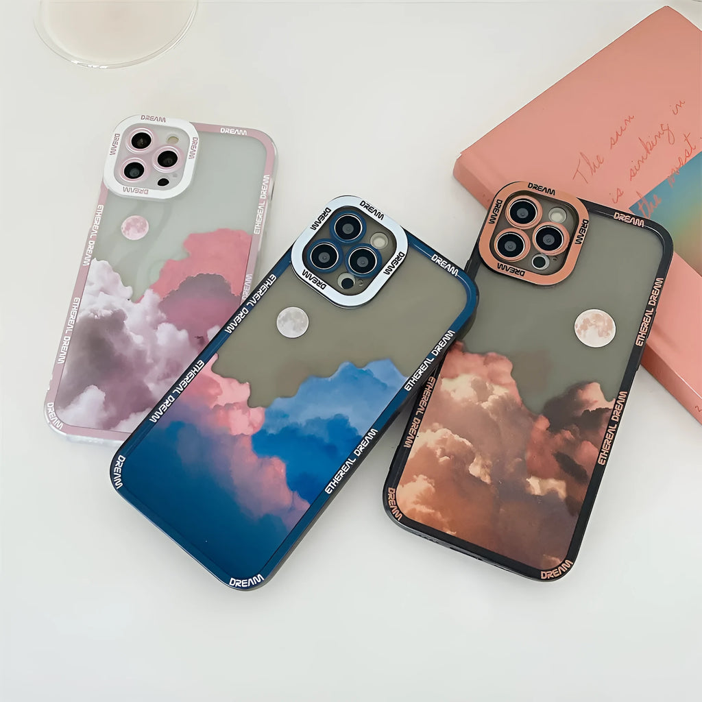 Sunset Clouds design TPU protective case for iPhone on a blue gradient background.