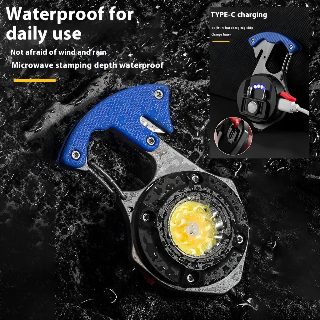 Portable multifunctional keychain flashlight with screwdriver and window breaker hammer, showing COB LED light.