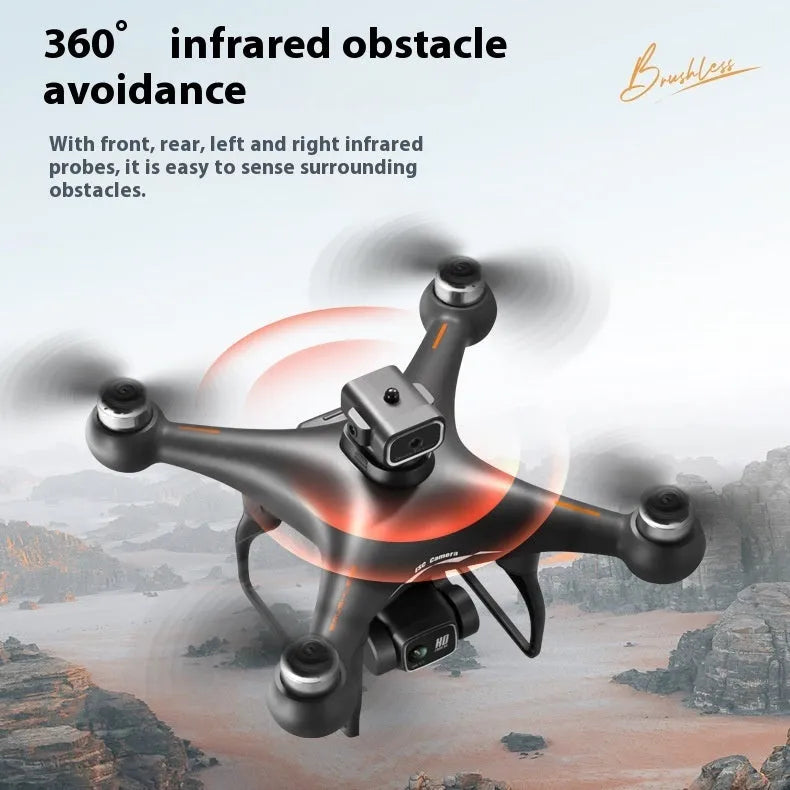 Black HD and White HD coloured brushless UAV drone with four-side obstacle avoidance and dual cameras, showing remote control.