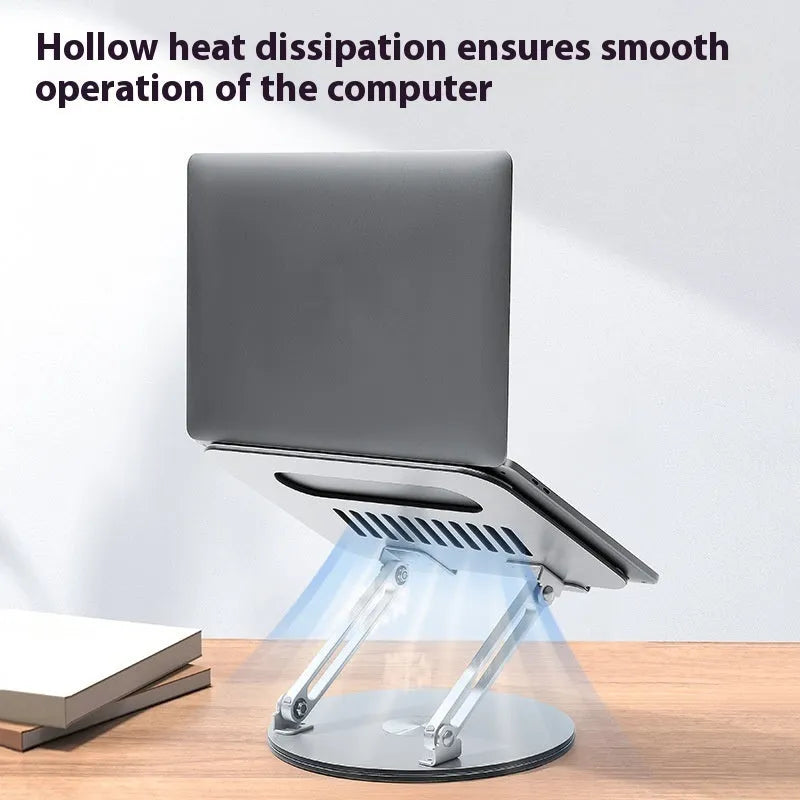 Silver aluminium laptop stand with rotatable base in folded position