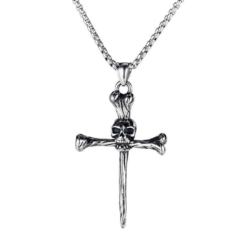 Copper cross skull pendant necklace set with chain option, retro punk style accessory on a dark background