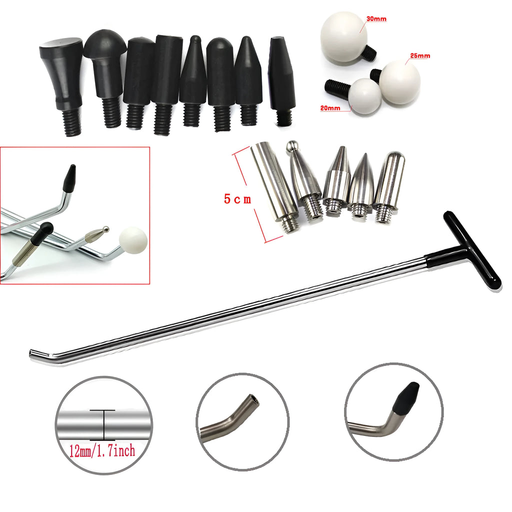 Silver car dent repair hook tool with 16 replaceable heads for no-paint dent removal