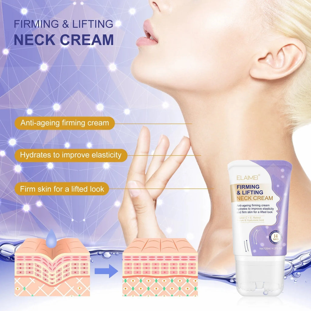 Purple bottle of anti-aging neck cream with multi-ball massage roller on neck