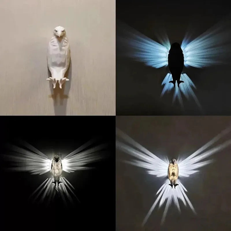 3D print resin wall lamp shaped like an owl projecting light and shadow onto a wall