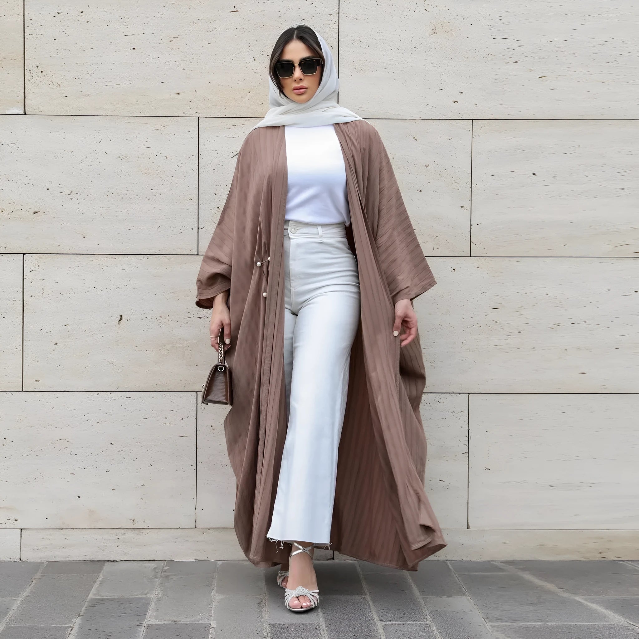 Turkish striped abaya cardigan robe in light coffee colour with batwing sleeves for Muslim women