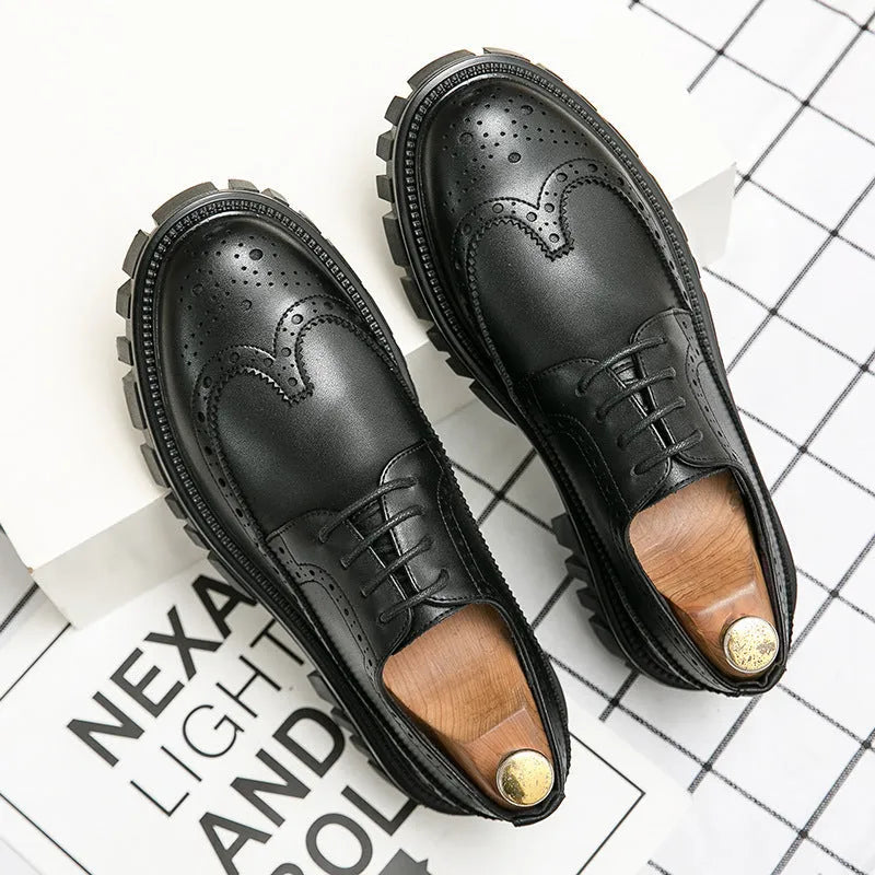 Men's black artificial PU brogue shoes with round toe and decorative perforations on a white background.
