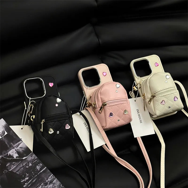 Crossbody wallet phone case with rhinestone design and removable shoulder strap in antique white