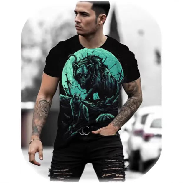 Close-up of a man's grey T-shirt featuring a detailed retro-style 3D tiger print on the chest.