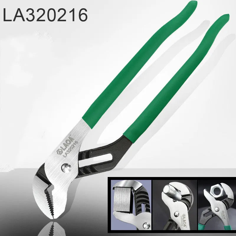 Adjustable CR-V steel pipe wrench with viscous plastic handle, shown in various sizes on a workbench.