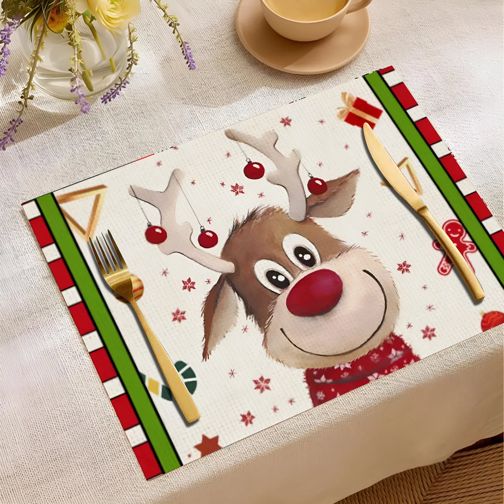 Square Christmas cartoon elk print placemat, 33x45cm, linen or cotton and linen, nine colours.