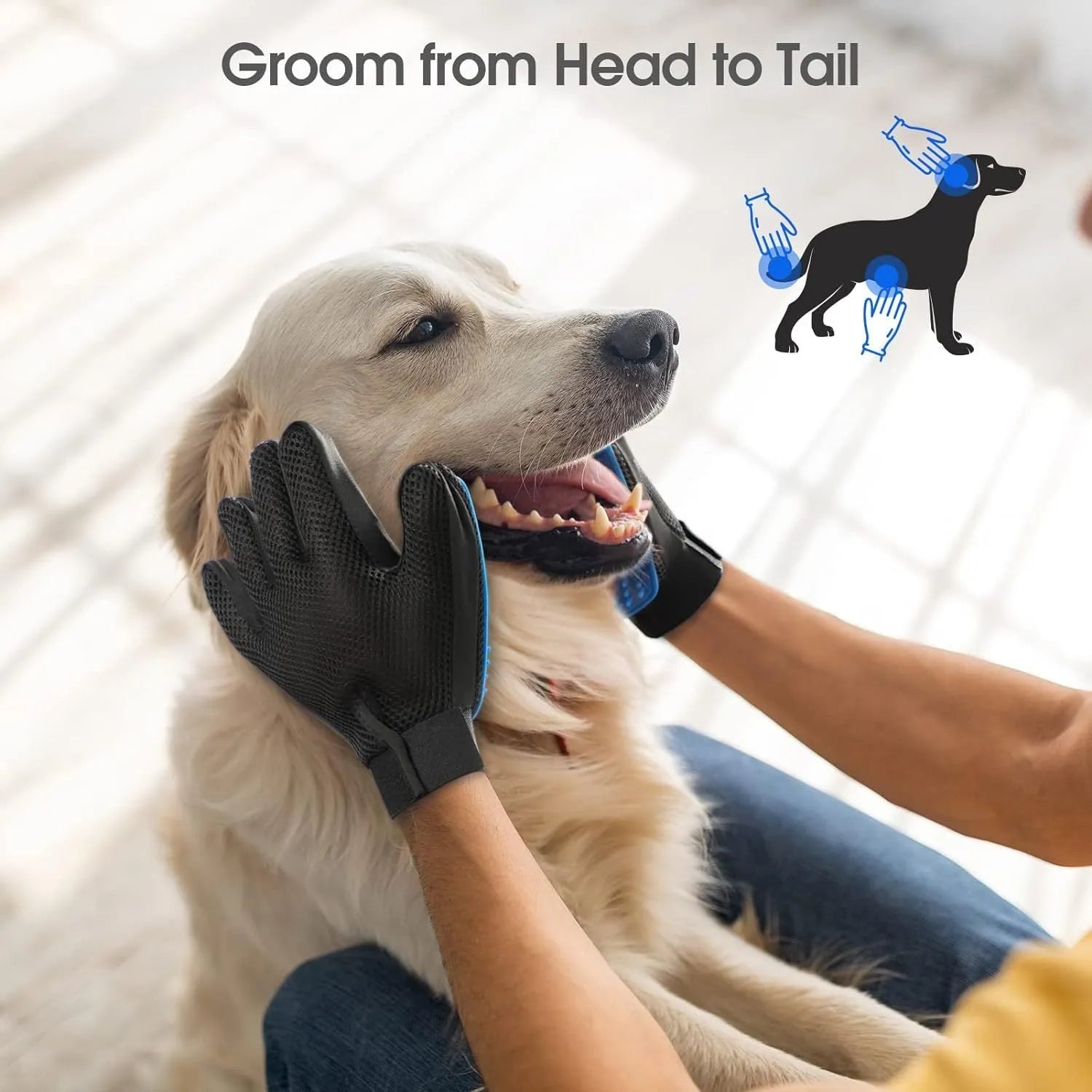 Blue silicone pet grooming glove with 255 fingertips for removing hair from dogs and cats.