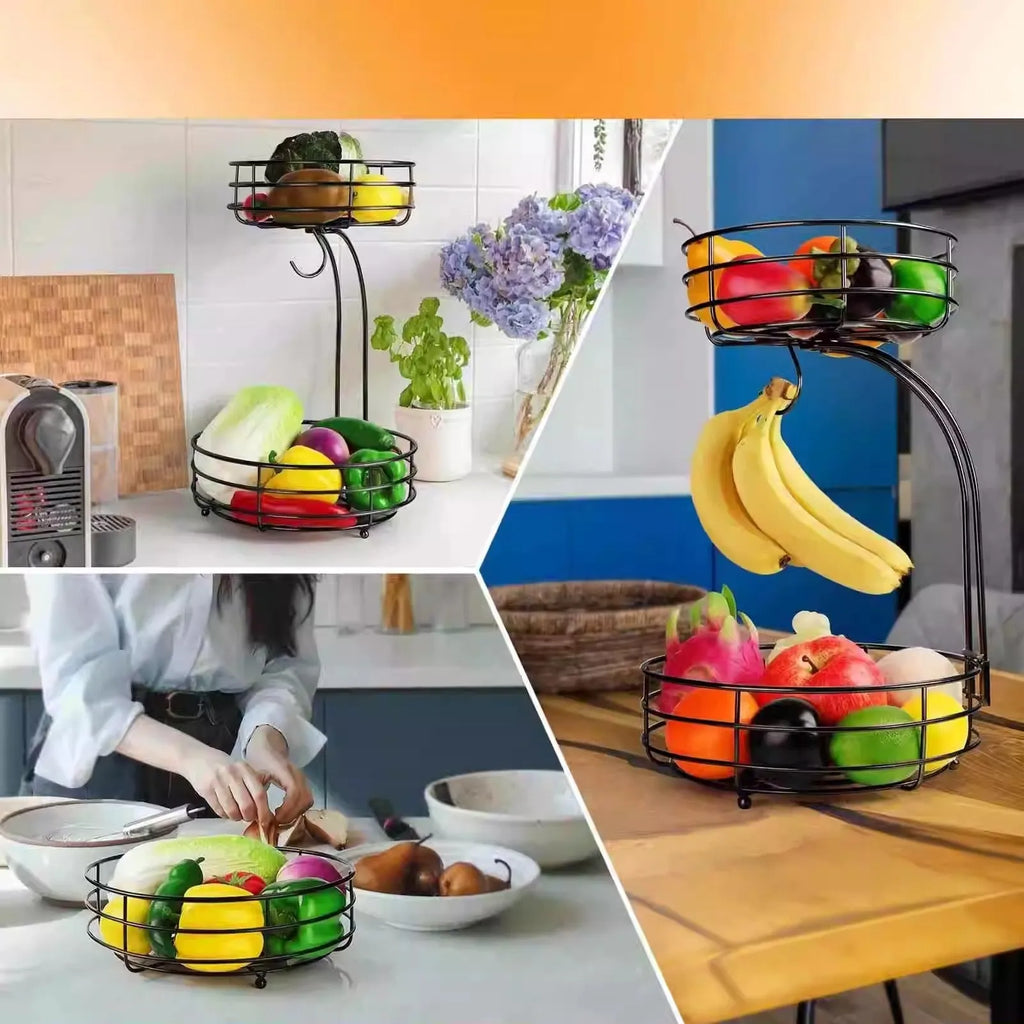 Black double-layer wrought iron fruit basket with two storage tiers and raised bottom plate