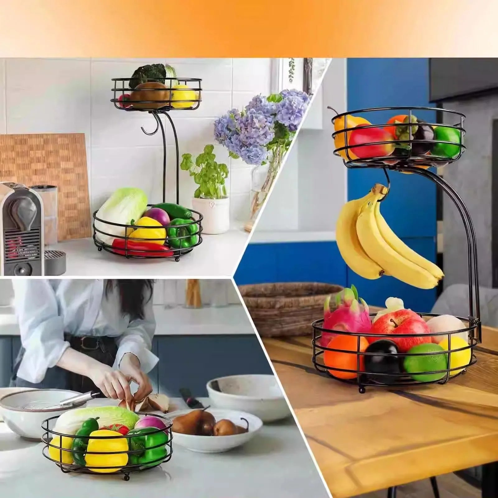 Black double-layer wrought iron fruit basket with two storage tiers and raised bottom plate