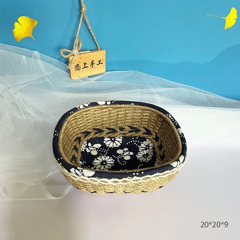 Blue square hand-woven twine storage basket for coffee table desktop small items