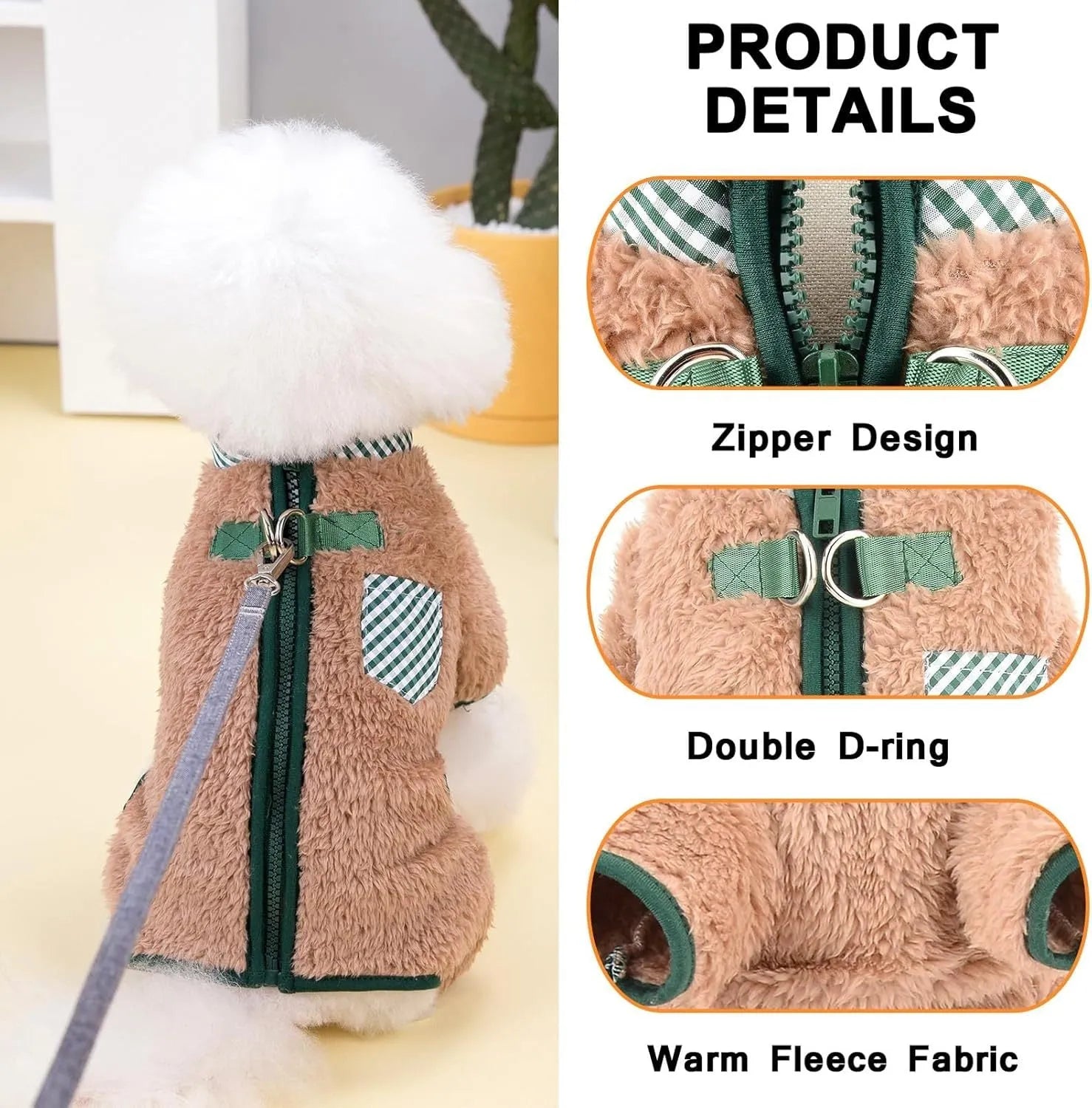 Green plush fleece dog coat with four legs and a back zipper on a small dog.