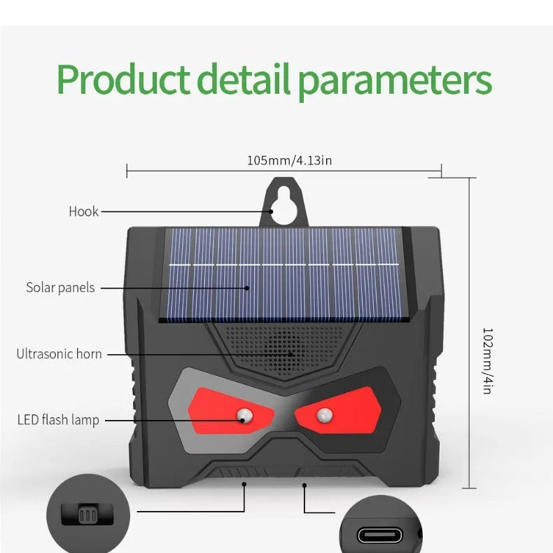 Black animal-shaped solar-powered ultrasonic pest repeller for outdoor garden use