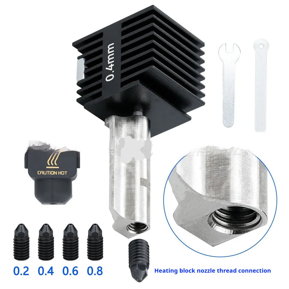 Hardened steel hot end and nozzle assembly for Bambu Lab A1 Mini 3D printer with silicone sleeve