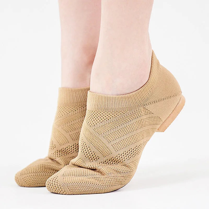 Camel colour Latin dance shoes with cotton mesh upper and leather sole for contemporary dance and yoga
