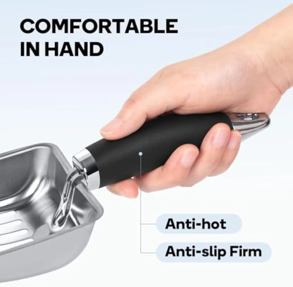 Stainless steel cat litter scoop with black comfort grip handle and 6mm sifter spacing, 26cm x 10.7cm