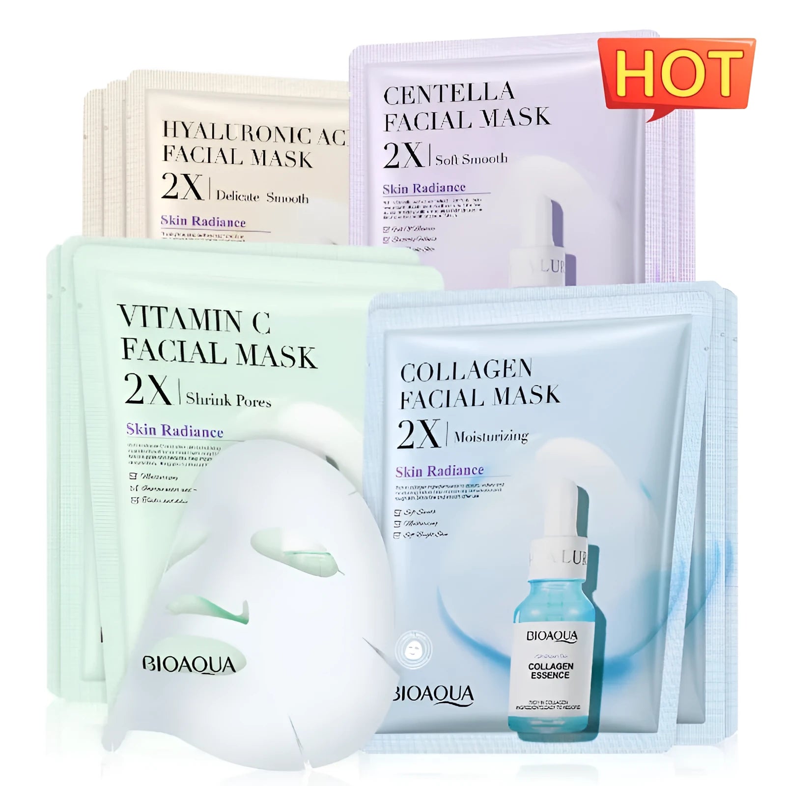 Single 30g collagen and hyaluronic acid facial sheet mask on packaging, with Centella, Vitamin C, Collagen variant options.