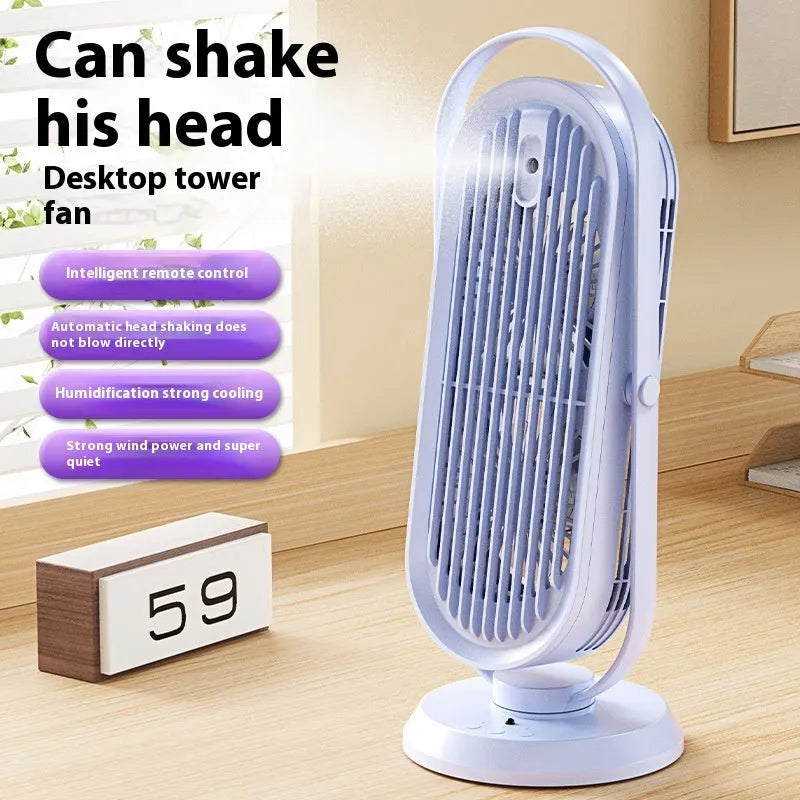 White USB tower fan with remote control on a wooden desk