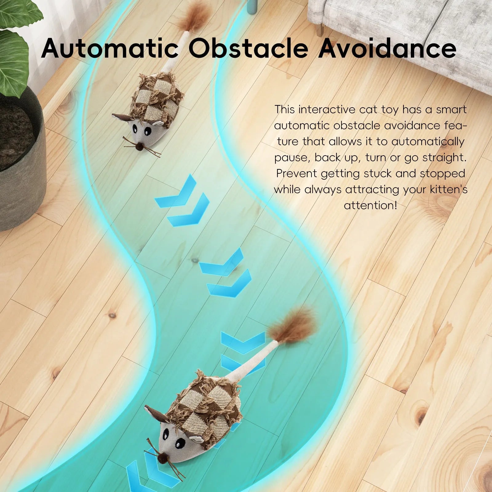 Blue electronic moving mouse cat toy with feather and sound box, showing 18cm length