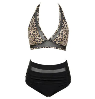 Women's two-piece polyester bikini set shown in black, rose red and leopard print colours