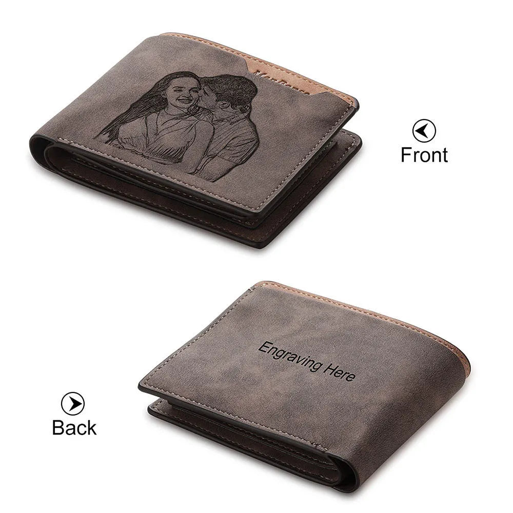 Engraved horizontal short wallet in coffee PU leather with custom photo engraving.