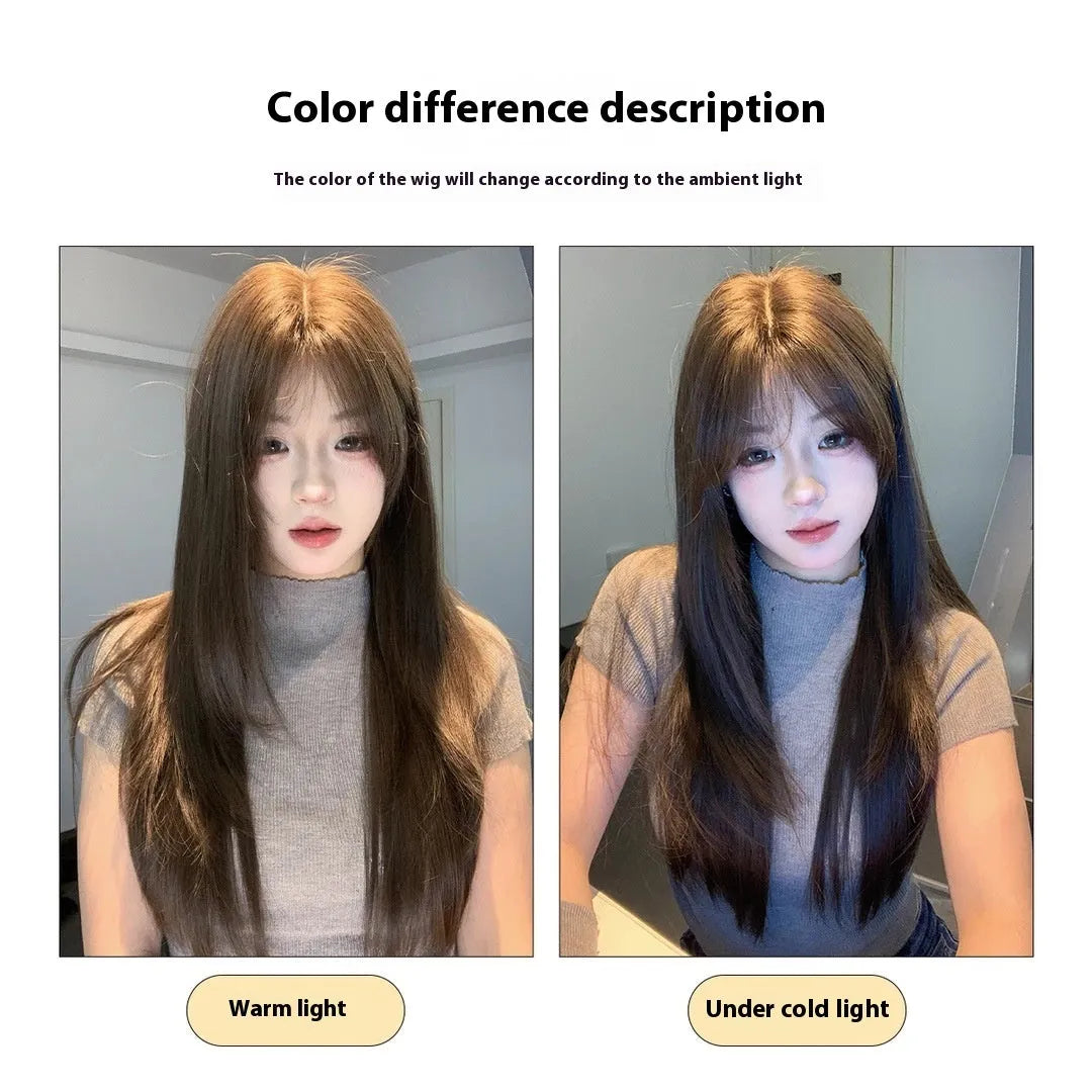 Cold brown layered long straight full-head synthetic wig with lace style construction