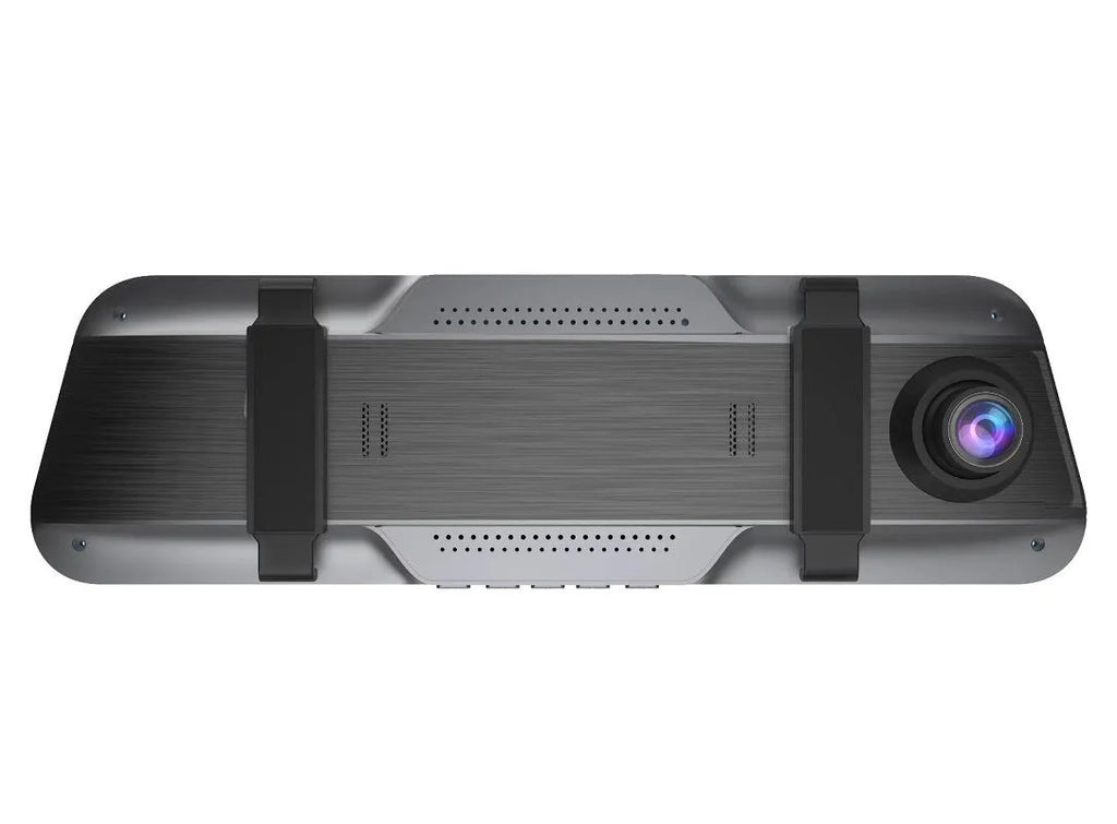 Black rearview mirror dash cam with 10-inch touch screen display, shown with car charger and mounting bracket.