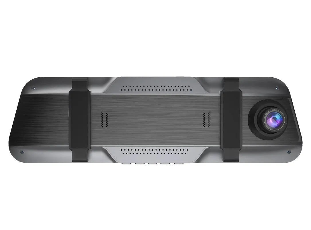 Black rearview mirror dash cam with 10-inch touch screen display, shown with car charger and mounting bracket.