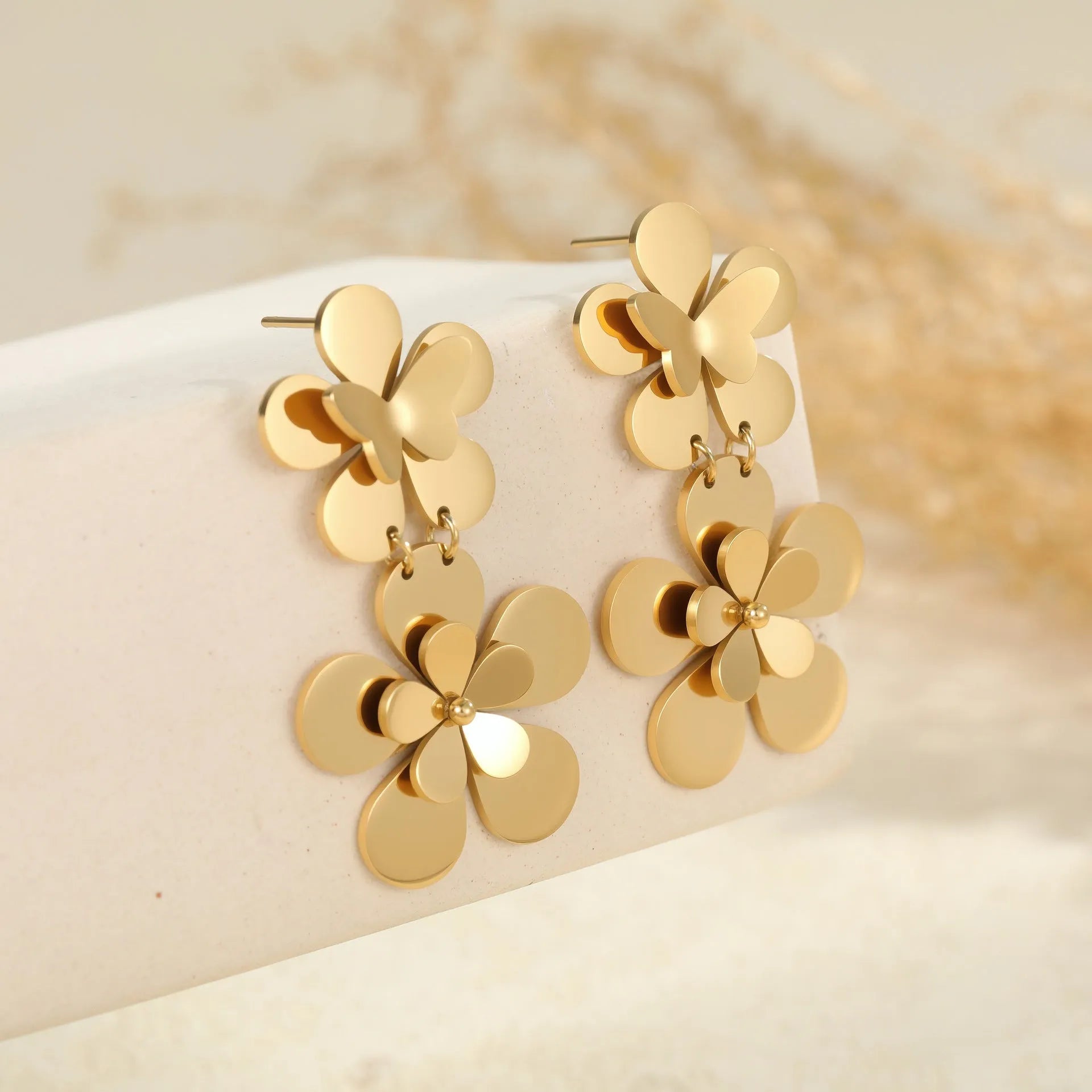 Gold electroplated flower butterfly earrings for women with stainless steel construction